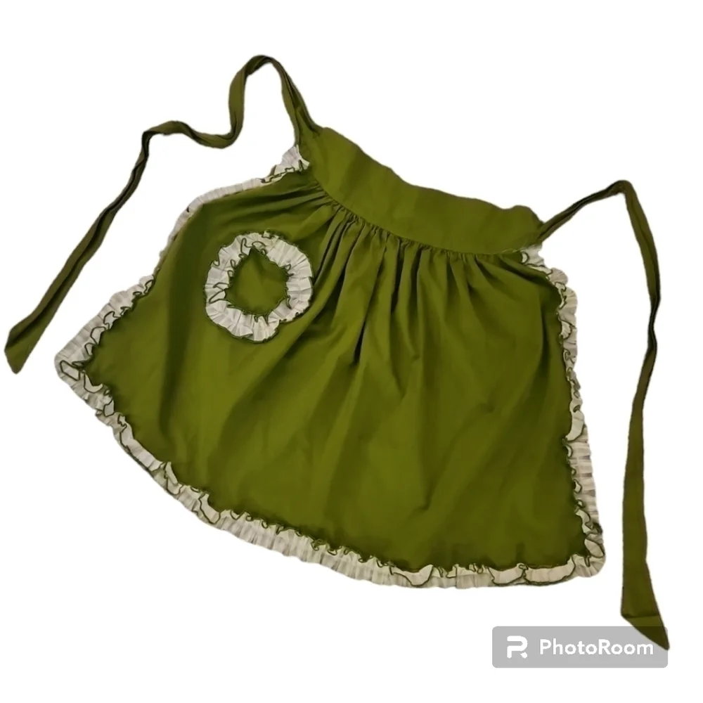 Vintage HANDMADE 1950s Green Ruffle Tie Back Apron